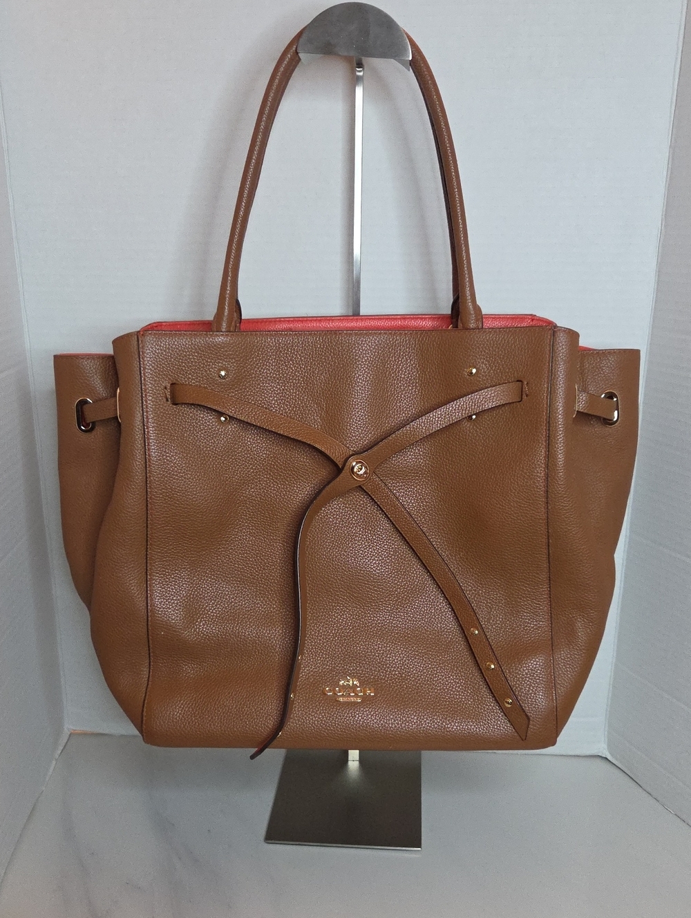Coach Brown Pebbled Leather Turn- Lock Tie Tote - Style 35160